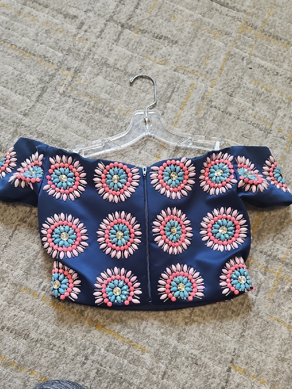 Size 8 TOP ONLY beaded navy satin Off Shoulder Crop Corset by Rachel Allan - Picture 2 of 15